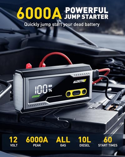 AUXITO 6000A Jump Starter, 12V Car Battery Jump Starter, Up to All Gas & 12L Diesel Engine with LED Display, Portable Jump Box with 3 Modes Flashlight and Jumper Cable, Storage Case - size: T3-6000A