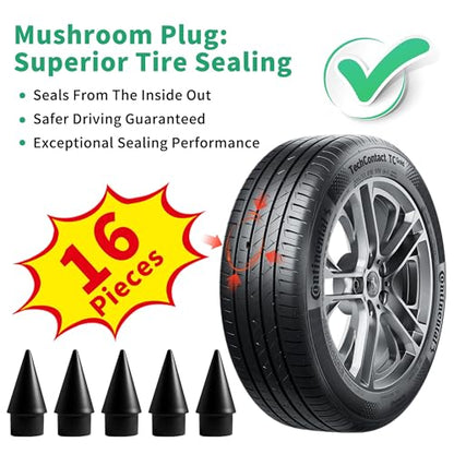 Tire Repair Gun Kit with 16 Mushroom Plugs and Tire Patches | Mushroom Repair Units for Tubeless Tire Puncture and Patch Applications