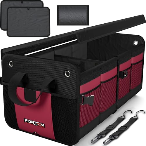 FORTEM Trunk Organizer For SUV Car Organizer and Storage, Multi-Compartment Storage Bag Car Accessories for Women Men, Perfect Christmas Gifts, 1680D Oxford, Non Slip Bottom, Straps, Soft Cover (90L) - color: Red, size: Standard (50L)