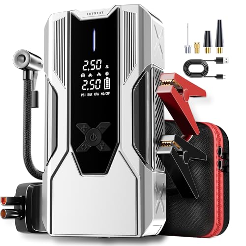 Emergency Portable Jump Starter with Air Compressor - 3000A 150PSI for Cars, Trucks & SUVs up to 9L Gas/7L Diesel, 12000mAh Portable Power Bank, -20°F Cold Start (Silver)