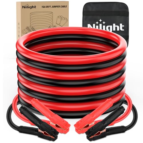 Nilight 1 Gauge 25FT 900A Car Battery Jumper Cables Kit | Heavy Duty Booster Jump Start Cable with Storage Bag for Jump Starting Dead or Weak Batteries for Pickup Truck RV Vans SUV - size: 1 Guage 25 FT