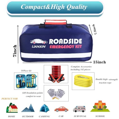 142 PCS Emergency Roadside Kit for Car ,Safety Car Kit with Jumper Cables | Roadside Assistance Emergency Kit Warning Triangle, Safety Hammer, Tow Rope, Car Emergency Kit Gifts for New Drivers - color: Blue
