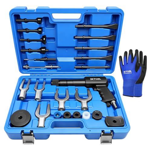 ZKTOOL 27PCS Air Hammer Kit - Functional Powerful Pneumatic Hammer Piece Chisel Set, 2500BPM Quick Change Retainer Air Hammer with Shovel Heads and Ball Joint Separator Set - Carrying Case & Gloves
