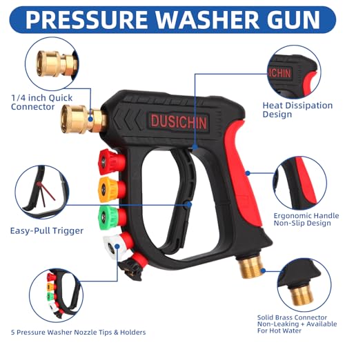 DUSICHIN Pressure Washer Short Gun Foam Cannon 1/4" Quick Connector,Car Wash Foam Gun Kit Dual Connector Accessory,Double Tip Attachment For Soap Cannon with 5 Nozzle Tips DUS2501