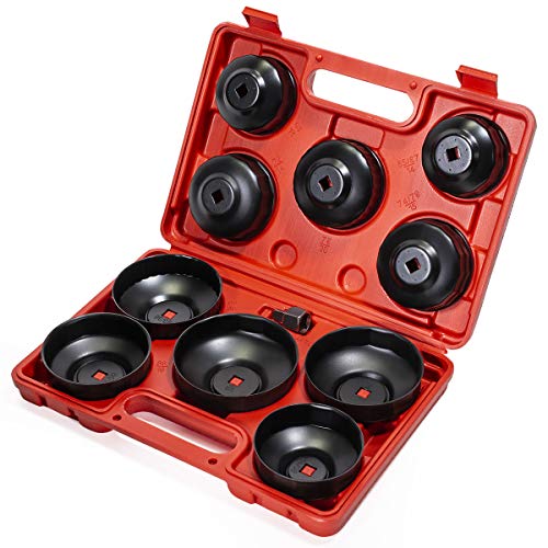 XtremepowerUS 10-Pieces Universal Oil Change Filter Cap Wrench Cup Socket 3/8" inch Square Drive Oil Canister Socket with Case, Red/Black