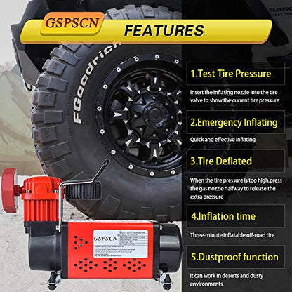 GSPSCN Heavy Duty Tire Inflator 150PSI 12V Portable Air Compressor Pump | Metal Air Pump with 5.5m Extension Air Hose for Car,Pickup, Truck, RV, ATV, Bike,Balls,Lawn Mower and Other Inflatables