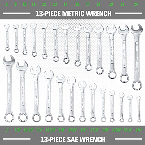 SWANLAKE GARDEN TOOLS 26-Piece Combination Wrench Set with Roll-up Pouch, SAE 1/4” - 1”, Metric 8mm - 24mm, Perfect for General Household, Garage, Auto Repairs and Travel Emergency - style: 26PCS Metric&SAE