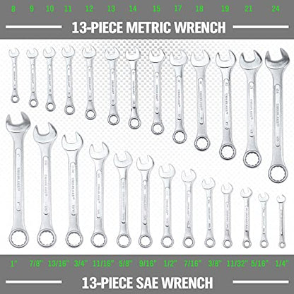 SWANLAKE GARDEN TOOLS 26-Piece Combination Wrench Set with Roll-up Pouch, SAE 1/4” - 1”, Metric 8mm - 24mm, Perfect for General Household, Garage, Auto Repairs and Travel Emergency - style: 26PCS Metric&SAE
