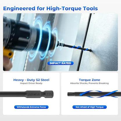 Impact Rated Screwdriver Bit Set, 4" Extended Long Magnetic Power Bits, Premium S2 Steel, Shock-Absorbing Design, 1/4" Hex Shank for Power Drill & Impact Driver (4 Inch Torx Security) - size: 4 Inch Torx Security