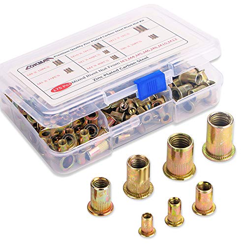 LOKMAN 175PCS Metric Rivet Nut Kit Carbon Steel Flat Head Threaded Insert Nut Assorted in M3 M4 M5 M6 M8 M10 M12, Knurled Body (Rivet Nut Kit 1) - size: Rivet Nut Kit 1