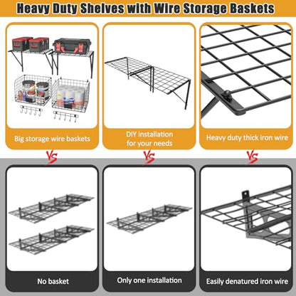 ThreeHio 2 Pack Garage Shelves Wall Mounted with Wire Baskets, Heavy Duty Garage Wall Shelving with Hooks, Wire Shelf Baskets Tool Organizer for Home Garden Garage Organization and Storage