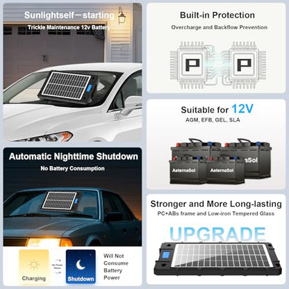 7.5W Solar Car Battery Charger 12V Portable Waterproof Solar Panel Trickle Charger Maintainer with Smart PWM for Car, Automotive, Motorcycle, Boat, Marine, RV,Trailer, Snowmobile, etc. | Portable Waterproof Charger Built-in Smart PWM Controller for Car, M
