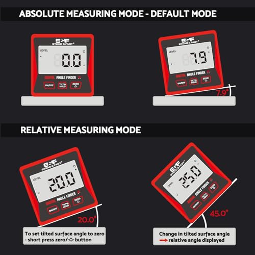 S&F STEAD & FAST Digital Angle Finder Magnetic with Case & Backlit LCD | Self-inverting display, ±0.2° accuracy, Absolute & Relative, Hold & Zero, Auto-off, for Woodworking, Plumbing & Construction - color: Red