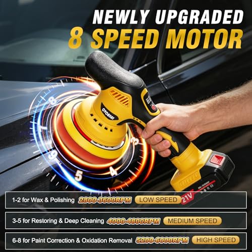 Cordless Car Buffer Polisher, 8-Speed 6000RPM Car Polisher with 2pcs 2.0Ah 21V Batteries, 6 In LED Display Car Buffers and Polishers Kit for Car Detailing, Waxing, Polishing & Scratch Removal