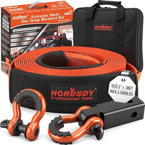 HORUSDY Nylon Heavy Duty Tow Strap Recovery Strap with Hooks 3" x 30Ft - 35,000 LBS Break Strength, 2" Shackle Hitch Receiver + 3/4 D Ring Shackles (2pcs), Recover Your Vehicle Stuck in Mud/Snow - style: 35,000 LBS Break Strength, 2" Shackle Hitch Receive