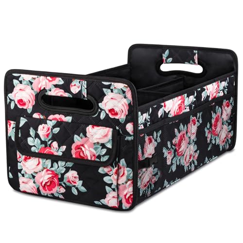 Car Trunk Organizer for SUV, Collapsible Car Storage Organizer Black Floral | Sturdy, Large Capacity, Diamond Decor, Multi Compartment Container Box Adjustable Car Accessories for Sedan Truck - color: Black Floral, size: Standard