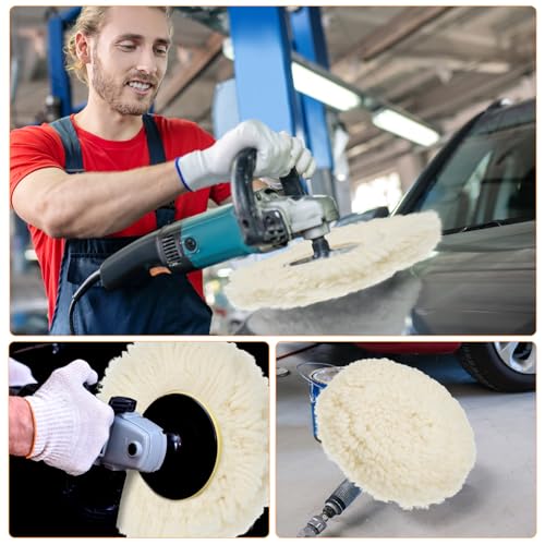 Tallew 6 Pcs 8 Inch Wool Polishing Pad Hook Loop Buffing Pad for Drill Curved Edge Compound Cutting Tool Drill Polisher Attachment Wheel Polish Kit Car Body Repair Buffing - size: 8 Inch