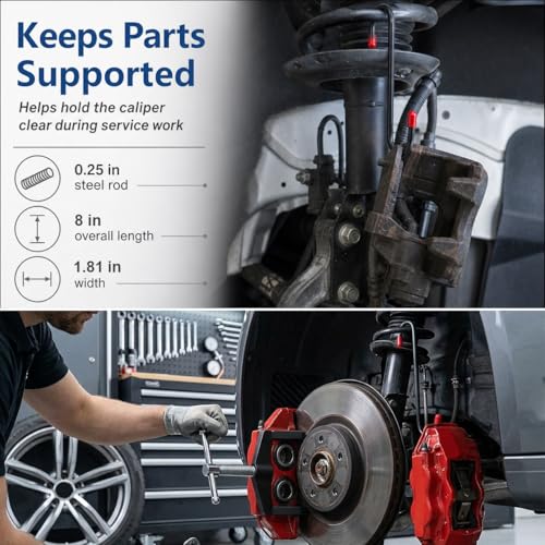 QWORK Brake Caliper Tool Kit, Heavy Duty Disc Brake Pad Spreader & Piston Compressor, 2 PCS Brake Caliper Hanger Hooks for Braking, Bearing, Suspension Work