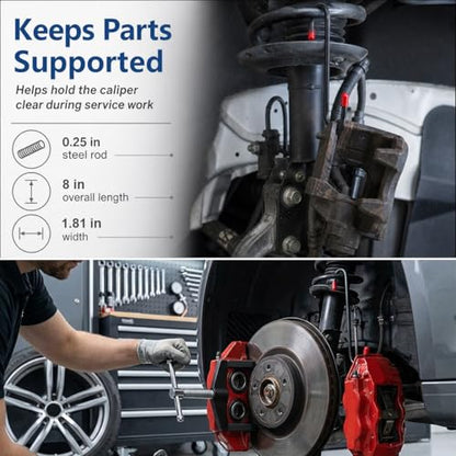 QWORK Brake Caliper Tool Kit, Heavy Duty Disc Brake Pad Spreader & Piston Compressor, 2 PCS Brake Caliper Hanger Hooks for Braking, Bearing, Suspension Work