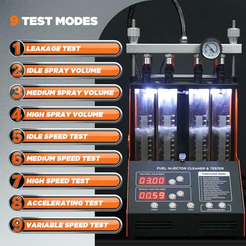 Fuel Injector Cleaner Machine 4 Cylinder Ultrasonic Fuel Injector Cleaner Tester 9 Test Modes Auto Fuel Injector Cleaner Tester Kit for 5V&12V Motorcycle Car Injectors