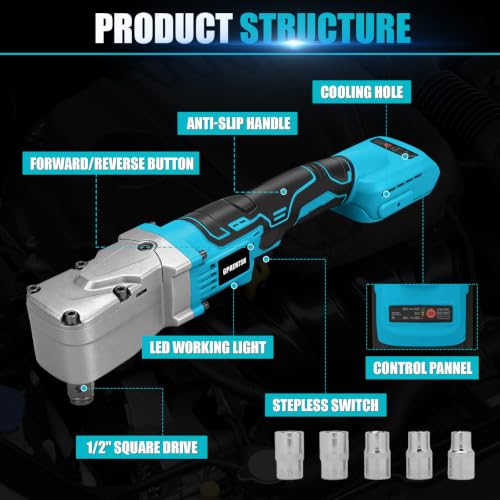 1/2" Right Angle Impact Wrench 206 ft-lbs for Makita 18V Tool | Brushless Motor, 280 Nm Torque, Tight Space Angle Head, Variable Speed Trigger, Auto Repair, Bare Tool Only - color: Makita