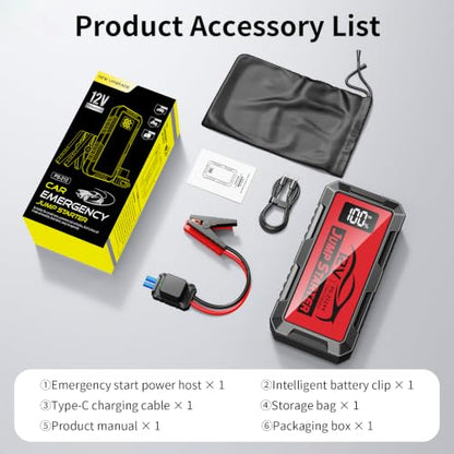 8000A Car Jump Starter, 12V Jump Starter Battery Pack (All Gas,up to 10.0L Diesel Engine) Jumper Cables Portable Lithium Jump Box, USB Output and LED Light (red) - color: red