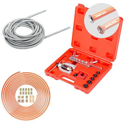 3/16" Complete Brake Line Repair Kit with Protector, Enhance the Corrosion Resistance and Wear Resistance of 25-Foot Copper-Coated Tubing, Including Flaring Tool & Fittings
