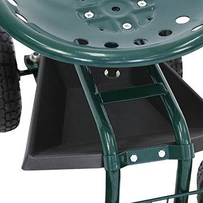 Kinfant Rolling Garden Cart with Seat - Garden Scooter Rolling Stool Gardening Cart with Tool Storage Basket & Swivel Seat - color: Green&yellow