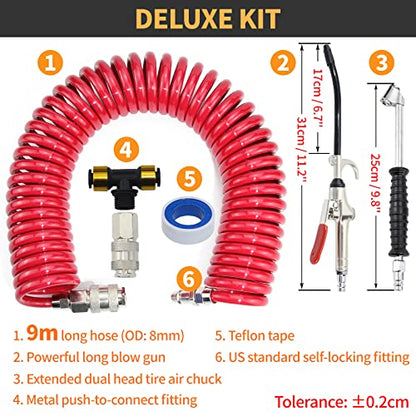 iBroPrat Air Blow Gun Kit,Heavy Duty Air Seat Blow Gun Kit for Semi Truck Air Hose with 30FT (9M) Long Coil and Extended Dual Head Tire Air Chuck Red - color: Red