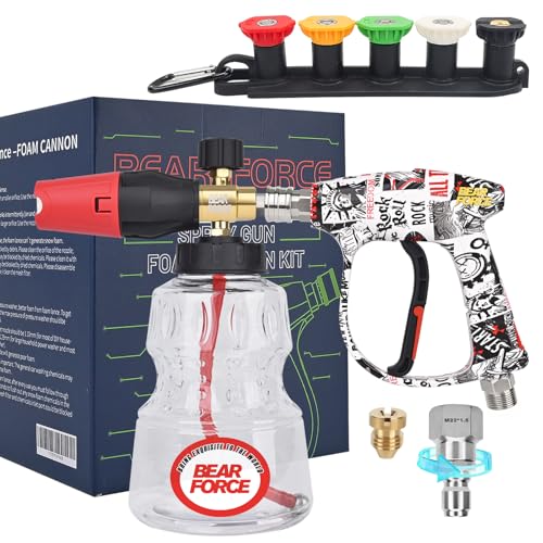 BEAR FORCE Pressure Washer Short Spray Gun M22-ID14mm Max 3000 PSI & Foam Cannon Foam Gun with 5 Tips #035 & 3/8'' Quick Connector Swivel, Additional Orifice Nozzle 1.10mm, Car Care Detailing - size: C. For 3/8 Connector Hose