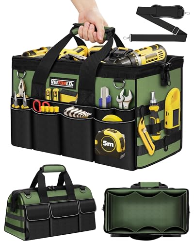 16-Inch Heavy Duty Tool Bag, 19-Pockets Tool Box Organizer, Portable Toolbag W/Soft Handle for Organized Storage, Mechanic Gifts for Men Dad Husband Fathers Day, Wide Mouth Electrician Toolbox, Green - style: Handle-Green