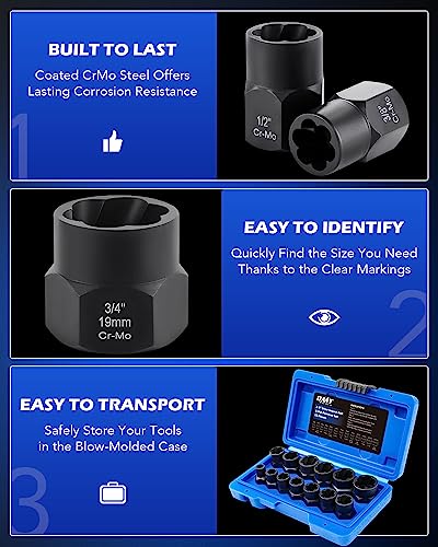 Orion Motor Tech Impact Nut and Bolt Extraction Tool Set, Rusted Damaged Stripped Nut and Bolt Remover Tool Kit, Nut Bolt Extractor Socket Set in 13 SAE and Metric Sizes for 3/8 Inch Drive with Case