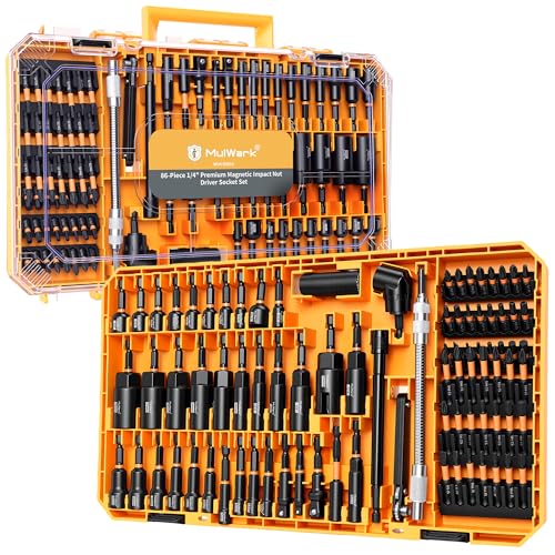 Mulwark 86PC Magnetic Nut Driver Set & Impact Driver Bit Set, 1/4" Metric & SAE Sockets, Nut Driver Set Power Bits, Adapters, Extensions, Universal Socket, Wing Nut Driver & Bit Holder for Automotive