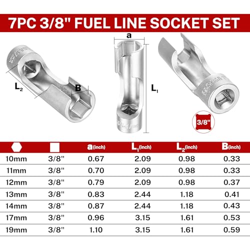 BILITOOLS 7pcs Diesel Injector Fuel Line Socket Set, 3/8" Drive | CR-V Steel for Sensors & Pipes, Non-Slip, Precise Fit, for Thermo/Egt Sensors, Fuel Lines, Bent Pipes, Abs, Brake Line