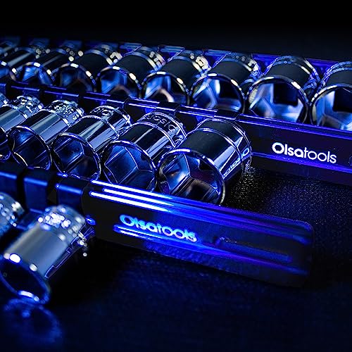 Olsa Tools 1/2-Inch Drive Aluminum Socket Organizer with Locking End Caps - Professional Quality Socket Holder - BLUE - PART 1174 - color: Blue, size: 1/2-Inch Drive
