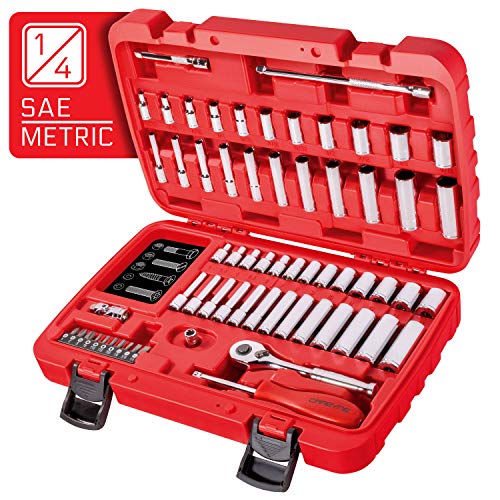 CARBYNE 65-Piece 1/4 in. Drive Socket and Ratchet Set, SAE and Metric, 6 Point, CrV Steel, 90-Tooth Ratchet, Deep and Standard Sockets, Storage Case