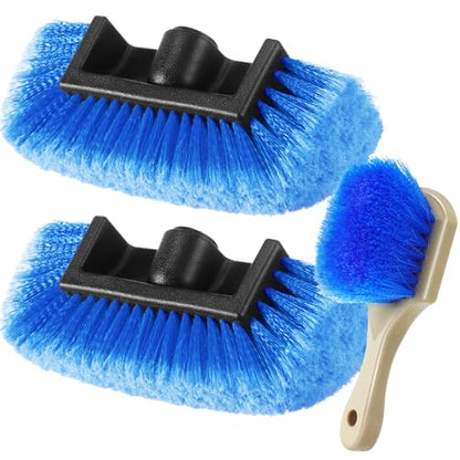 Vesici 2 Pcs 10 Inch Car Wash Brush Head with Soft Detailing Bristle Flow Through Car Cleaning Brush with 1 Pcs Stiff Bristle Wheel Brushes for Motorboat Rv Facades of Houses Wheel Carpet (Blue) - color: Blue