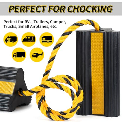 OULEME Heavy Duty Rubber Wheel Chocks, 1 Pair, 8.3" L x 4.4" W x 4" H, Non-Slip Tire Stopper Blocks with Rope, for RV Camper Travel Trailers Motorhome Aircraft Car Truck - style: with Rope (1 pair)