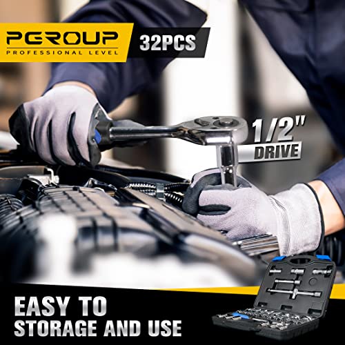 1/2 inch Drive 8mm-32mm Metric socket set, 32-piece Mechanic Tool Socket Ratchet Wrench Set, for Auto Repairing & Household - color: Silver
