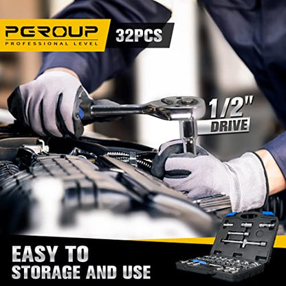 1/2 inch Drive 8mm-32mm Metric socket set, 32-piece Mechanic Tool Socket Ratchet Wrench Set, for Auto Repairing & Household - color: Silver