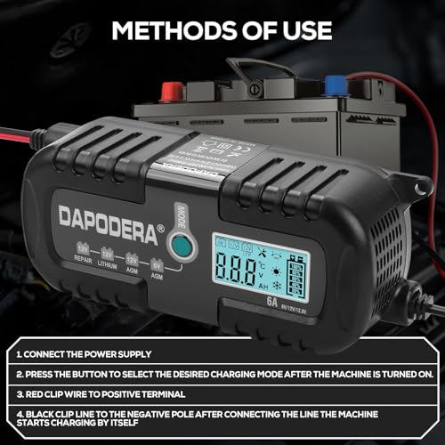Car Battery Charger, 12V 6A Smart Battery Trickle Charger Automotive 12V Battery Maintainer Desulfator with Temperature Compensation for Car Motorcycle Mower Marine Lead Acid Batteries