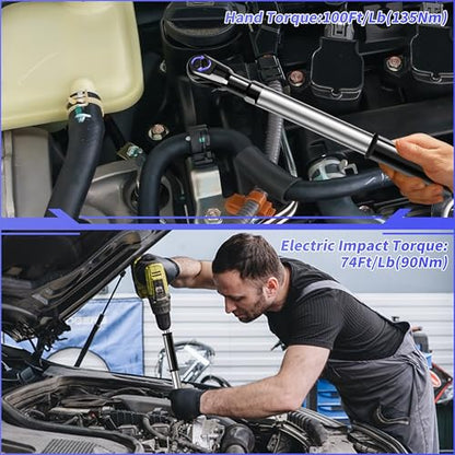 1/2“ Offset Extension Wrench Impact for Electric Drill,Electric Ratchet Wrench Extender for Tight Spaces with 1/2",3/8",1/4" Inch Socket Adapters and Drill Bit (blew case)