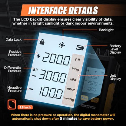 Digital Manometer -101~200kPa Manometer Gas Pressure Tester, Data Zero & Calibration Mini HVAC Gas Pressure Tester with Backlight LCD Display & Data Hold, 6 Units, 7 Adapters