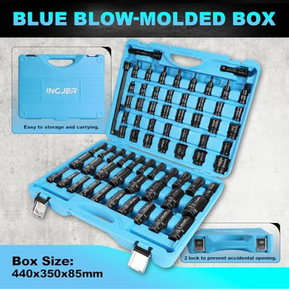1/2" Drive Impact Socket Set, 70 Piece SAE 3/8" to 1-1/4" and Metric 10-24mm, 6 Point Cr-MO Alloy Steel for Auto Repair, Easy-to-Read Size Markings, Rugged Construction, Storage Case - size: 1/2inch 70PCS SET