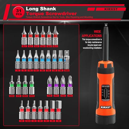 32 PCS 1/4" Drive Long Shank Torque Screwdriver, 5-55 Inch Pound Torque Screwdriver Set with S2 Bits and Socket Adapter for Maintenance, Tools, Bike Repairing and Mounting - size: 5-55 in.-lb. L