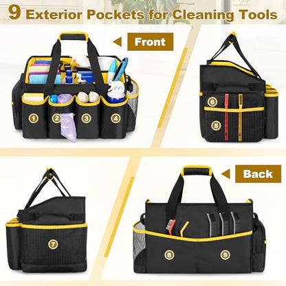 PGmoon Extra-Large Cleaning Caddy Organizer with Handle, Cleaning Supplies Tote Bag Built-in Support Boards, Cleaning Tool Storage for Car, Home, Housekeeping Work, Kitchen Cleaning Supplies