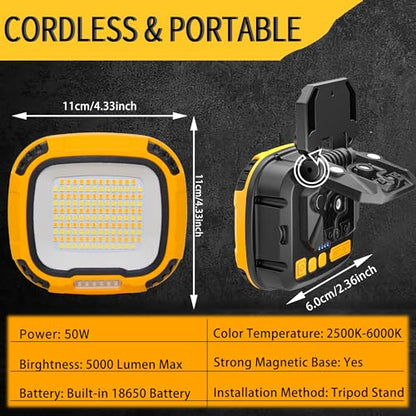 2 Pack Magnetic Work Light Rechargeable 5000Lumens, LED Flood Light with 4 Brightness & 4 Color, 36 Hours Runtime, USB-A Output & Waterproof for Car Repair, Construction, Emergency, Garage, Hurricane