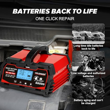Battery Charger 40A, 12V/24V Lead Acid Smart Battery Charger, 12V LiFePO4 Car Battery Trickle Charger, Automatic Battery Maintainer for Car Motorcycle Lawn Mower Marine Boat Lead Acid Batteries - size: 40A-RED