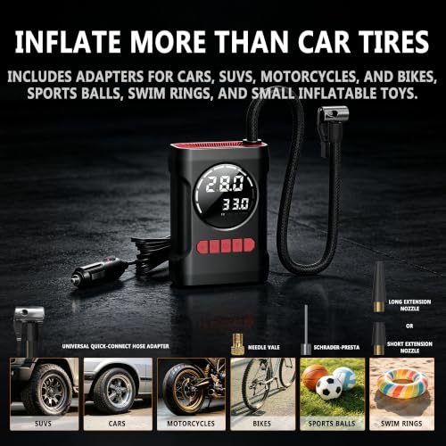 ROCGORLD R6 12V DC Tire Inflator Portable Air Compressor, Car Air Pump with Dual Digital Display, Preset Pressure, Auto Shut-Off, 3 Light Modes, Plug-In Tire Pump for Cars, Motorcycles, Bikes, Balls