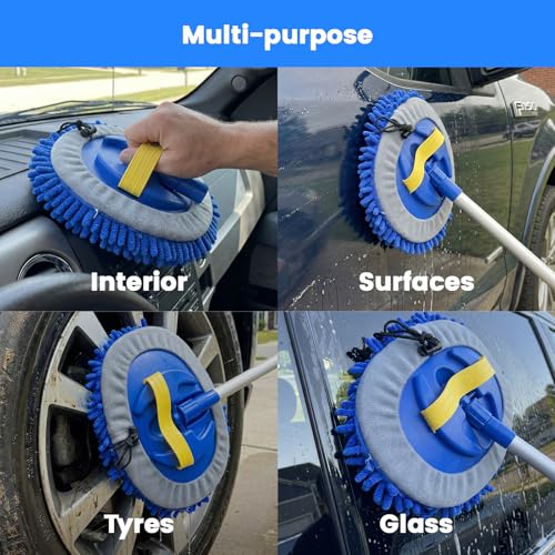 42" Car Wash Brush, Portable Car Wash Mop with Ultralight Telescopic Handle | Chenille Microfiber Car Wash Kit, Car-Safe Wash Mop with Long Handle for Cars, Caravans, Vans, Trucks, Boats & RVs